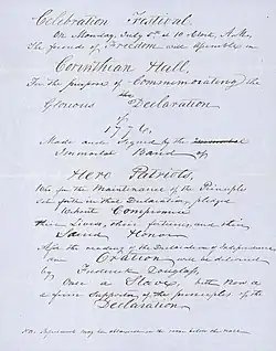 A handwritten announcement of the date and time of the speech