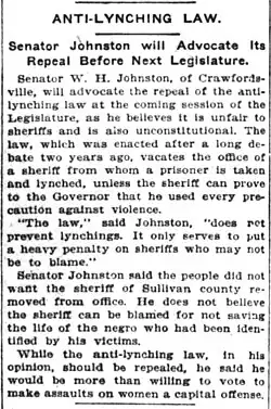 Newspaper clipping reporting Indiana Senator Johnston's support for a repeal of the Anti-Lynching law in 1902.