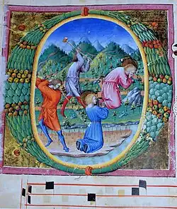Antiphonary II: Two kneeling saints beaten to death in a landscape (ca. 1442) Tempera, gold, and ink on vellum (20.5 x 10&nbsp;cm.) Biblioteca Comunale degli Intronati, Siena