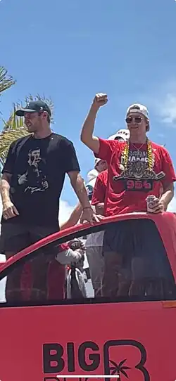 Anton Lundell at the Florida Panthers' 2025 Stanley Cup championship parade in Fort Lauderdale.