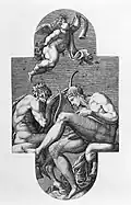 Apollo, Pan, and a putto blowing a horn, from a series of eight compositions after Francesco Primaticcio's designs for the ceiling of the Ulysses Gallery (destroyed 1738–39).
