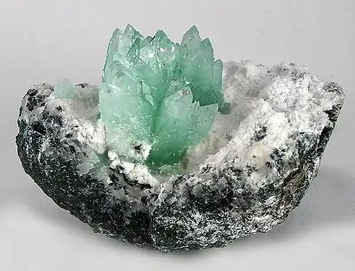 Isolated Fluorapophyllite-(K) cluster on contrasting matrix