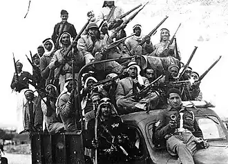 Palestinian Arab volunteers in "Army of the Holy War" in 1947 fighting in the British Mandate of Palestine during Palestinian Civil War of 1947-1948