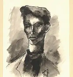 Pen and ink drawing of a Jewish worker in Theresienstadt assigned to Bedřich Fritta, Theresienstadt, 1942. In the collection of the Jewish Museum of Switzerland.