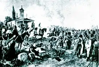 Black and white print shows a crowd of soldiers.