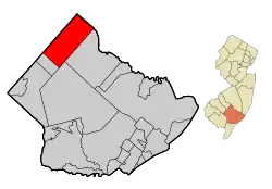 Location of Hammonton in Atlantic County highlighted in red (left). Inset map: Location of Atlantic County in New Jersey highlighted in orange (right).