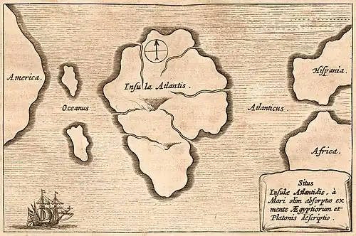Tolkien wrote of Númenor as Atlantis.[T 4] Athanasius Kircher's 1669 map (here, inverted to place North at the top) places Atlantis between America and Europe (Hispania, Spain).