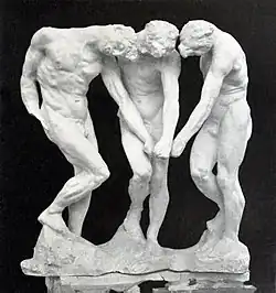 Auguste Rodin, The Three Shades, before 1886, plaster, 97 x 91.3 x 54.3 cm. In Dante's Divine Comedy, the shades, i.e. the souls of the damned, stand at the entrance to The Gates of Hell, pointing to an unequivocal inscription, “Abandon hope, all ye who enter here”. Rodin assembled three identical figures that seem to be turning around the same point.[20]