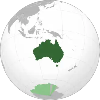 A map of the eastern hemisphere centred on Australia, using an orthographic projection.