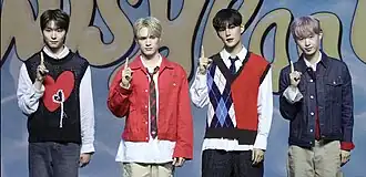 B.D.U's Kim Min-seo, Jay Chang, Seunghun, and Bitsaeon on their debut showcase.