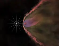 Depiction of the same pulsar one million times closer showing the effect of its wind on its companion star, which is evaporating. The bow shock is too large to be shown, and at this scale would extend more than 15 miles (24 km) beyond the edge of the computer screen.