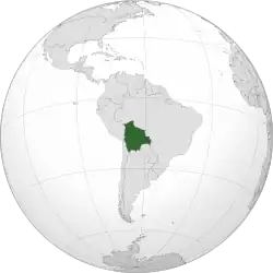 Location of Bolivia (dark green) in South America (gray)