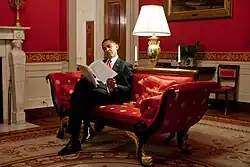 President Barack Obama reading notes in the Red Room, 2009.