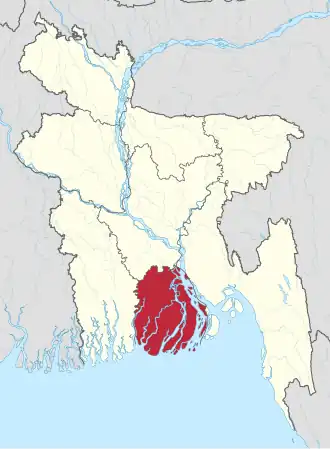 Map indicating the extent of Barisal Division within Bangladesh