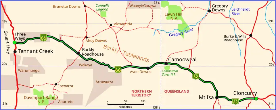 Barkly Highway in Queensland and the Northern Territory (green and black)