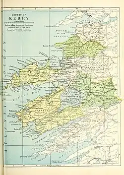Barony map of County Kerry, 1900; Dunkerron South barony is in the south, coloured yellow.