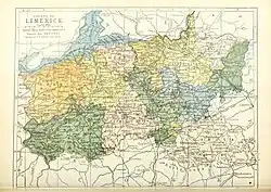 Barony map of County Limerick, 1900; Connello Upper is in the south-centre, coloured pink.