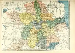 Barony map of County Meath, 1900; Duleek Upper is in the east, coloured green.