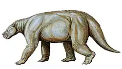 Portrait view of a heavily built 4-legged animal with a strong tail