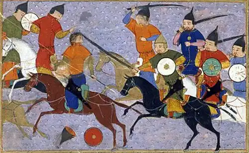 Painting of cavalry pursuing and attacking other horsemen