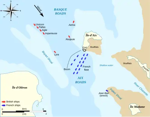 Map of the Basque Roads showing the position of the French and British ships at the start of the 1809 battle