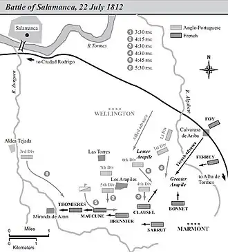 The map illustrates the Battle of Salamanca. Initially, French forces attempted to march around the Anglo-Portuguese army but became strung out on the march. Wellington ordered an attack destroying the left flank of the French army. The French would counterattack in the centre, aiming at the hill at the centre of the Anglo-Portuguese army. This would fail after intense fighting, and the French would retreat.