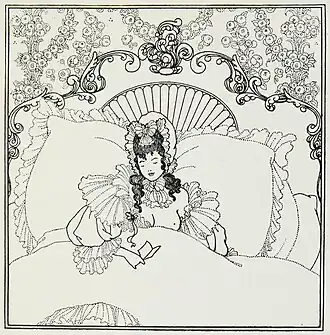 ornate ink-drawn illustration of an elegant lady sitting up in an ornate bed