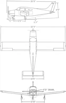 3-view line drawing of the Beechcraft A23A Musketeer Custom III