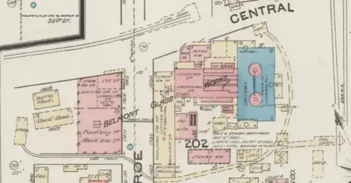 insurance map for Belmont Glass Works showing a substantial works close to a railroad