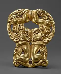 Belt buckle; 3rd-1st centuries BC; gold; height: 7.9&nbsp;cm; Metropolitan Museum of Art[83]