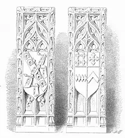 Heraldic Oak bench ends, late 15th century, St Andrew's Church, Bere Ferrers. 19th-century drawing by Roscoe Gibbs