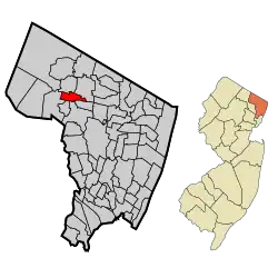 Location of Waldwick in Bergen County highlighted in red (left). Inset map: Location of Bergen County in New Jersey highlighted in orange (right).