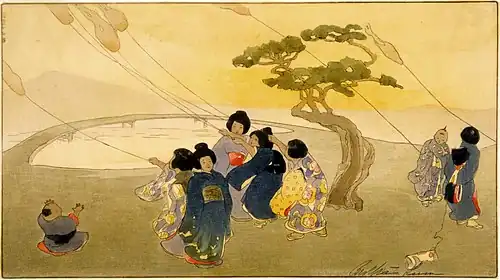 Woodblock print of Japanese children in kimono flying kites against a yellow sky.