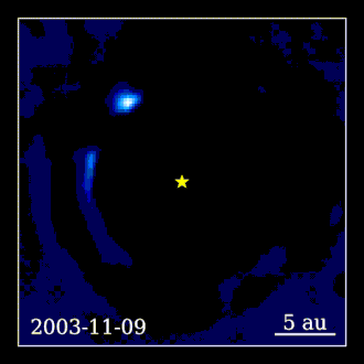 Two directly imaged exoplanets around star Beta Pictoris, star-subtracted and artificially embellished with an outline of the orbit of one of the planets. The white dot in the center is the other exoplanet in the same system.