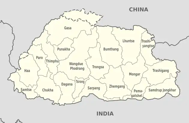 A map of Bhutan showing its 20 dzongkhags