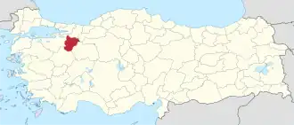 Bilecik highlighted in red on a beige political map of Turkeym