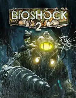 A large, metal-armored character with a drill for a hand and glowing yellow viewport in the helmet faces forward. On his back is a little girl with glowing yellow eyes. At the top of the image is the title BioShock 2, the letters corroded and covered in barnacles.