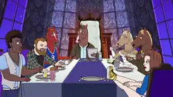 A screenshot from the television series BoJack Horseman, showing various characters sitting at a dinner table like Batman . From left to right, the characters featured are Corduroy Jackson-Jackson (voiced by Brandon T. Jackson), Herb Kazzaz (Stanley Tucci), Secretariat/Butterscotch Horseman (Will Arnett), BoJack Horseman (Arnett), Beatrice Horseman (Wendie Malick), Crackerjack Sugarman (Lin-Manuel Miranda), and Sarah Lynn (Kristen Schaal).