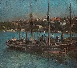 Boats moored in a continental harbour ( 1923)