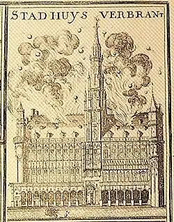 The Town Hall burning during the bombardment