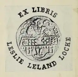 A bookplate from Locke's personal library depicting a circular design with the Latin phrase "EX LIBRIS" at the top, indicating it belongs to a personal library. Below the design is the name "LESLIE LELAND LOCKE." The central image seems to feature a seated or standing figure, possibly engaged in scholarly or artistic activity, and a detailed rectangular object below them that could represent a table, altar, or chest.
