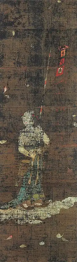 Figure carrying a flag on a pole. Petals are raining from the sky.