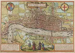 A map of London from Westminster to the Tower, with four figures in 16th-century dress standing on the south bank of the river