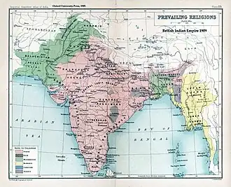 A map of the prevailing religions of the British Indian empire based on district-wise majorities based on the Indian census of 1909, and published in the Imperial Gazetteer of India. The partition of the Punjab and Bengal was based on such majorities.