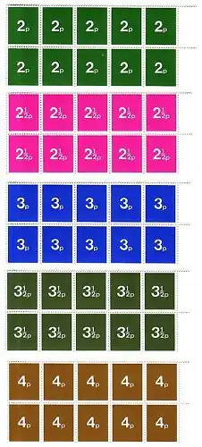 British decimalisation training stamps in the same colours and values as the upcoming decimal stamps