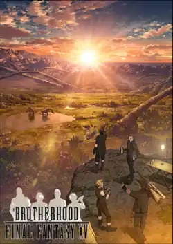 A sunset scene with a group of dark-clothed man looking from a clifftop over a wild plain, with the logo in the bottom right corner.