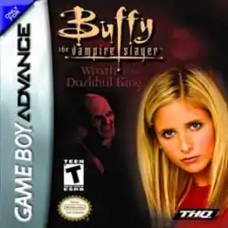 An image of Buffy Summers imposed over a dark red background that includes one of the Gentlemen. Text including the game's title, rating, platform, and publisher, are also included on the image.
