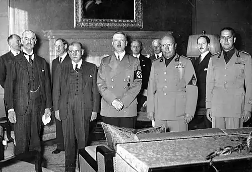 Chamberlain, Daladier, Hitler, Mussolini, and Italian foreign minister Count Ciano, as they prepared to sign the Munich Agreement