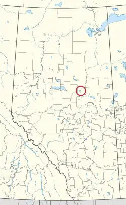 A map of the province of Alberta showing 80 counties and 145 small Indian reserves. One is highlighted with a red circle.