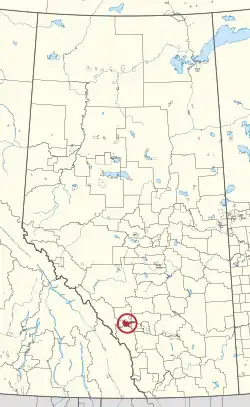 A map of the province of Alberta showing 80 counties and 145 small Indian reserves. One is highlighted with a red circle.